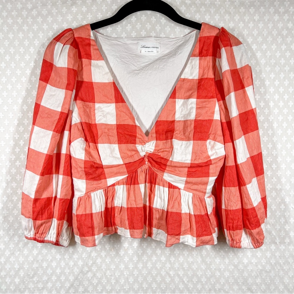Lovers + Friends Red White Gingham Puff Sleeve Peasant Top‎